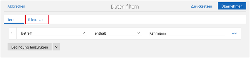 Der Screenshot zeigt das Fenster Daten filtern, dabei wird das Register Telefonate rot hervorgehoben dargestellt.