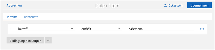 Der Screenshot zeigt das Fenster Daten filtern mit dem Register Termine.