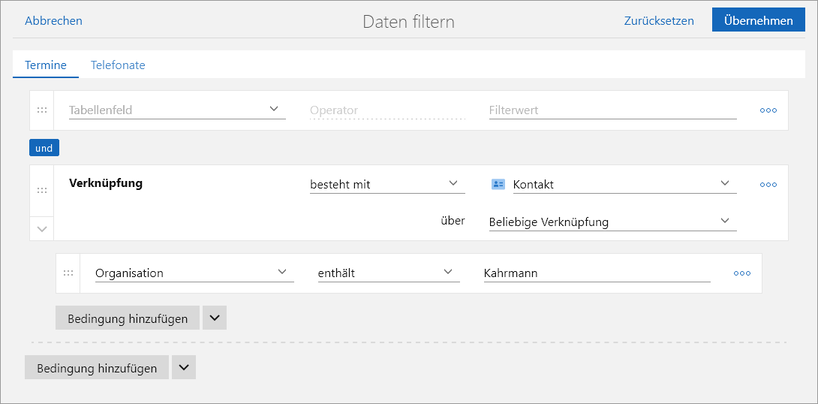 Der Screenshot zeigt das Fenster Daten filtern mit einer Filterzeile für verknüpfte Datensätze.