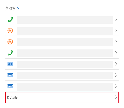 Der Screenshot zeigt den Block Akte mit einer Liste verknüpfter Datensätze. Am unteren Rand ist die Schaltfläche Details rot hervorgehoben, über die Sie die erweiterte Liste öffnen können.