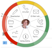 Der Screenshot zeigt das kreisförmige Radialmenü eines Datensatzes. Verschiedene Schnellaktionen sind kreisförmig angeordnet, wobei die Aktion Akte auf der linken Seite mit einem roten Strich markiert dargestellt wird.