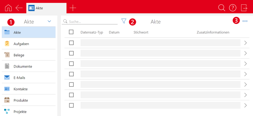 Der Screenshot zeigt die erweiterte Listenansicht der Akte mit den folgenden hervorgehobenen Stellen: 1 Angezeigte Datensätze wechseln, 2 Ansichtsfunktionen, 3 Aktionsmenü.