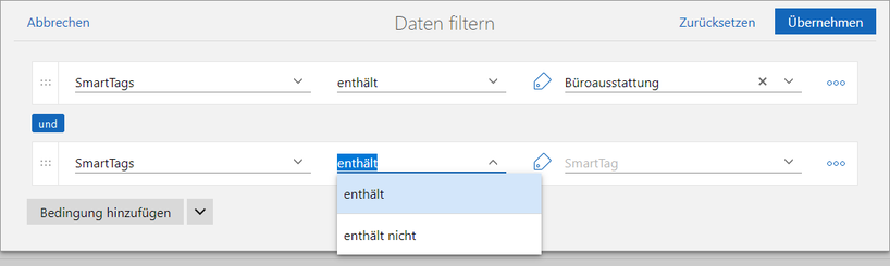 Der Screenshot zeigt das Fenster Daten filtern mit den verfügbaren Operatoren für das Benutzerfeld SmartTags.