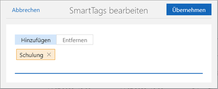 Der Screenshot zeigt das Fenster SmartTags bearbeiten mit den Registerkarten Hinzufügen und Entfernen sowie der gewählte SmartTag Schulung.