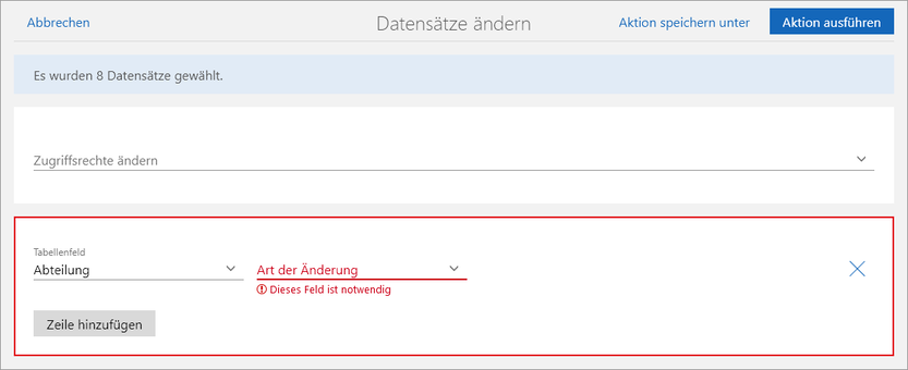 Der Screenshot zeigt das Fenster Datensätze ändern mit dem Block Feldwerte ändern.