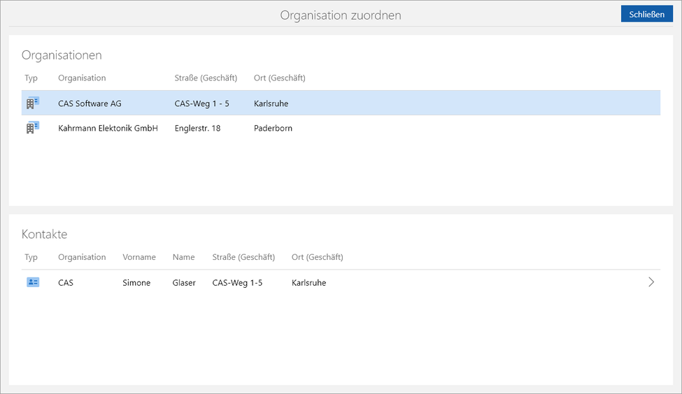 Der Screenshot zeigt das Fenster Organisation zuordnen mit den Blöcken Organisationen und Kontakte.