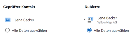 Der Screenshot zeigt den oberen Bereich der Spalten beim Zusammenführen von Dubletten. Unter den Spaltenköpfen Geprüfter Kontakt und Dublette ist jeweils die Option Alle Daten auswählen verfügbar.