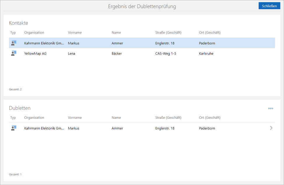 Der Screenshot zeigt das Fenster Ergebnis der Dublettenprüfung. Im Block Kontakte werden alle Kontakte angezeigt, für die Dubletten gefunden wurden. Im Block Dubletten werden die zugehörigen Dubletten angezeigt.