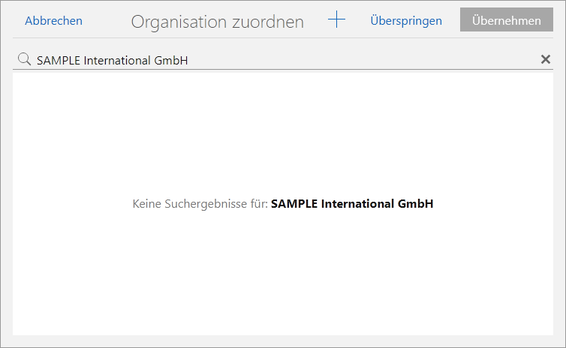 Der Screenshot zeigt das Fenster Organisation zuordnen mit den verfügbaren Funktionen.