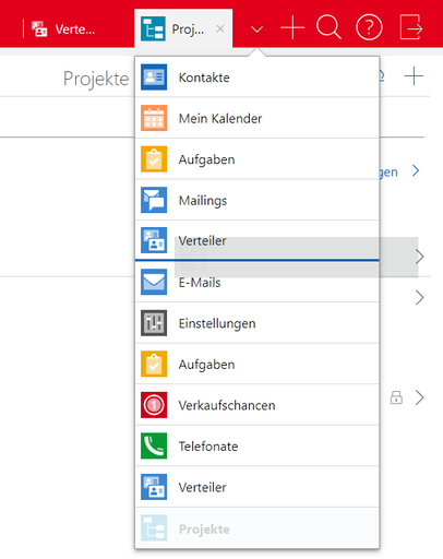 Der Screenshot zeigt eine geöffnete Dropdown-Liste mit mehreren Registern. Innerhalb dieser Liste wird das Register Verteiler via Drag & Drop verschoben. Ein horizontaler blauer Strich zwischen zwei Einträgen markiert die neue Position des Registers.