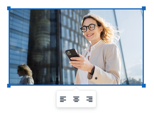 Der Screenshot zeigt ein markiertes Bild in einem Notizfeld mit dem Ausrichtungsmenü direkt unter dem Bild.