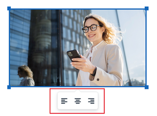 Der Screenshot zeigt ein markiertes Bild in eimem Notizfeld mit dem Ausrichtungsmenü direkt unter dem Bild. Das Ausrichtungsmenü wird hervorgehoben dargestellt.