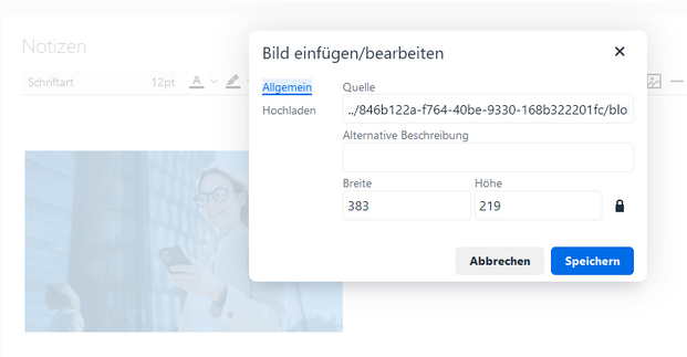 Der Screenshot zeigt das Fenster Bild einfügen/bearbeiten, das sich nach einem Doppelklick öffnet. Das Fenster dient zur Konfiguration der Bildquelle, Größe und Beschreibung.
