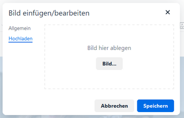 Der Screenshot zeigt das Register Hochladen des Fensters Bild einfügen/bearbeiten.