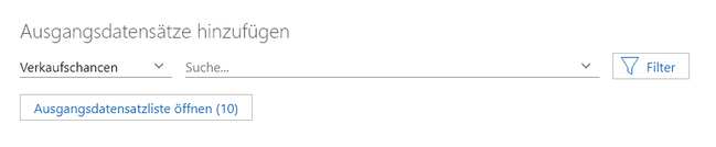 Der Screenshot zeigt die Felder zum Hinzufügen neuer Datensätze. Von links nach rechts: Auswahlliste zum Wechsel zwischen Datensatz-Typ, Ansicht und SmartTags; Feld Suche; Schaltfläche Filter. Darunter die Schaltfläche Ausgangsdatensatzliste öffnen.