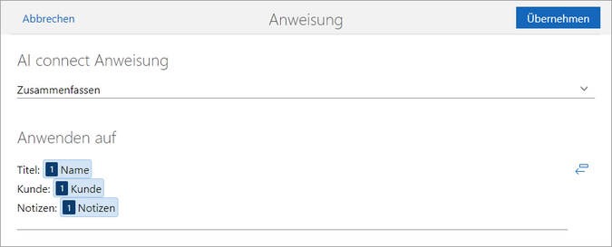 Der Screenshot zeigt die Inhalte des Fensters Anweisung für das Element AI-Text.