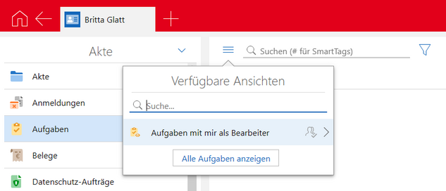 Der Screenshot zeigt das Ansichtsmenü mit den verfügbaren Ansichten für die Akte Aufgaben.