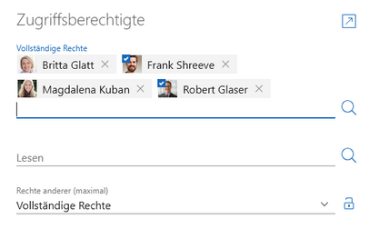 Der Screenshot zeigt den Block Zugriffsberechtigte mit mehreren Einträgen im Feld Vollständige Rechte. Zwei Personen sind durch ein Häkchen markiert.