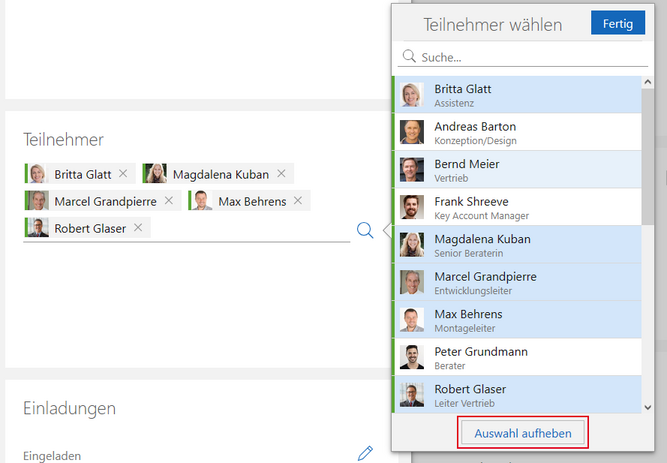 Der Screenshot zeigt das Fenster Teilnehmer wählen mit einer Liste von Personen. Am unteren Rand des Fensters wird die Schaltfläche Auswahl aufheben hervorgehoben.