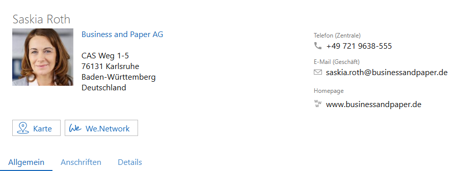 Der Screenshot zeigt eine Visitenkarte. Unter dem Benutzerbild wird die Schaltfläche We.Network angezeigt.