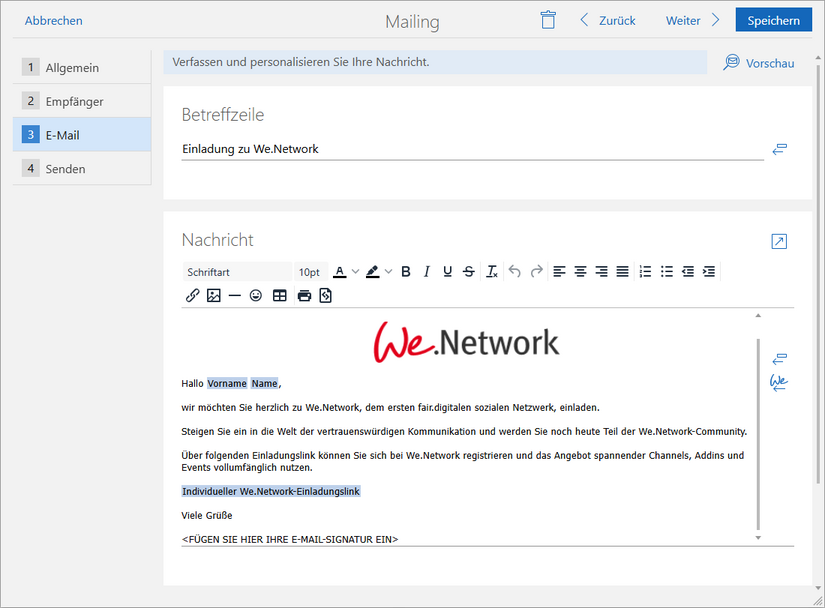 Der Screenshot zeigt im Mailing-Assistenten den Bereich E-Mail. Im Block Nachrichten ist ein Einladungstext zu We.Network vorausgefüllt.