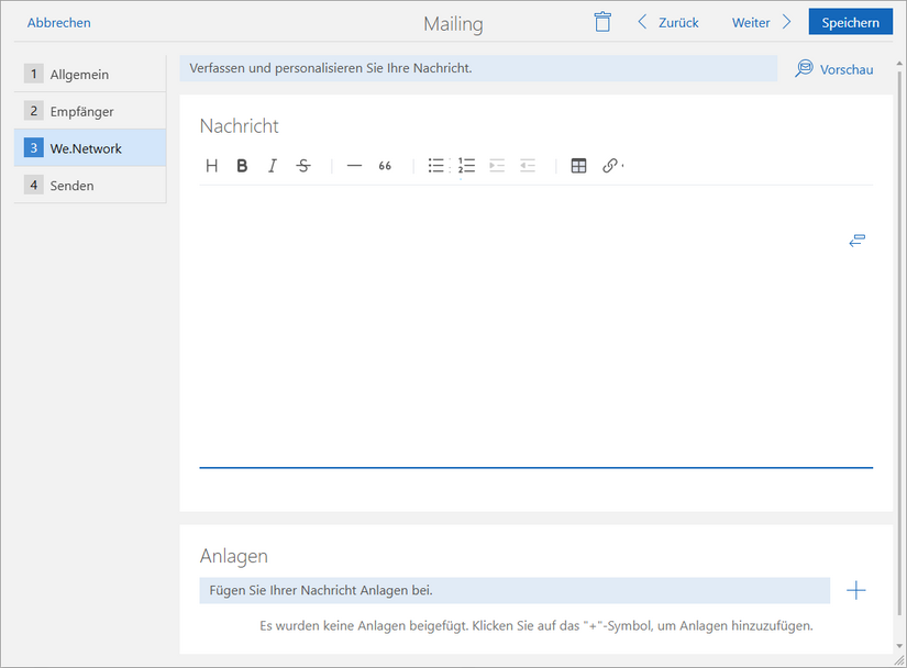 Der Screenshot zeigt im Mailing-Assistenten eine Übersicht vom Bereich We.Network.