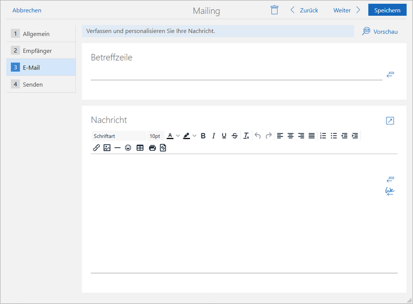 Der Screenshot zeigt im Mailing-Assistenten eine Übersicht vom Bereich E-Mail.