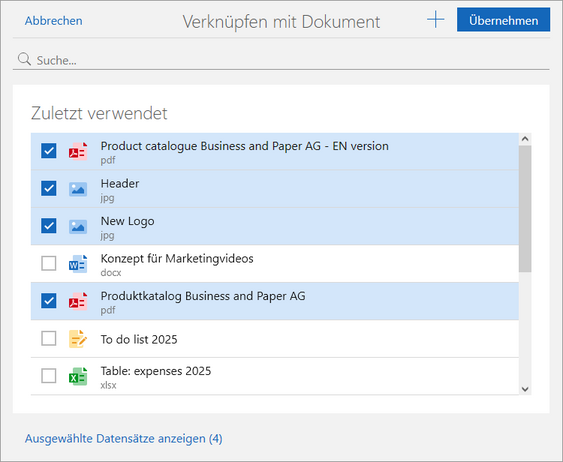 Der Screenshot zeigt das Fenster Verknüpfen mit Dokument. Mehrere Dokumente sind über Checkboxen markiert. Am unteren Rand befindet sich die Schaltfläche Ausgewählte Datensätze anzeigen.