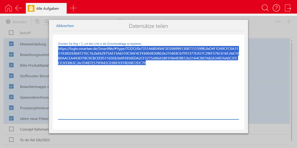 Der Screenshot zeigt das Fenster Datensätze teilen mit der URL für die zuvor markierten Datensätze.