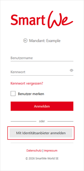 Der Screenshot zeigt die Anmeldeseite von SmartWe. Die Schaltfläche Mit Identitätsanbieter anmelden ist hervorgehoben.